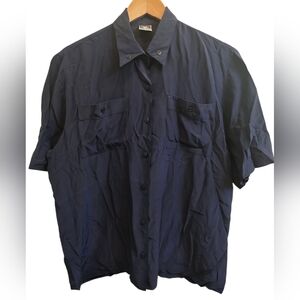 Yessica 100% Silk Vintage 1990s Navy Blue Short Sleeve ButtonUp Blouse Sz 38 EUC
